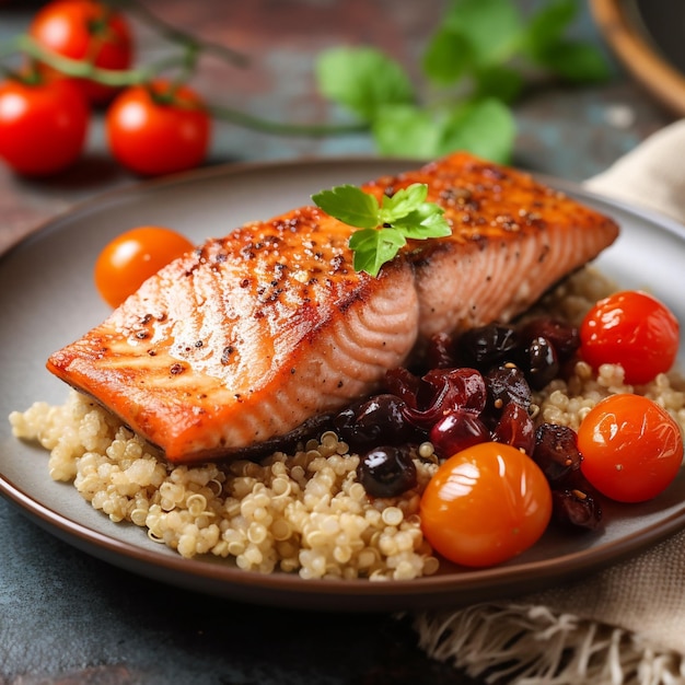 A plate of food with a salmon on it and a plate of quinoa and cherry tomatoes.