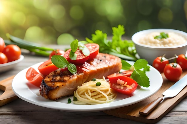 A plate of food with salmon, noodles, and vegetables