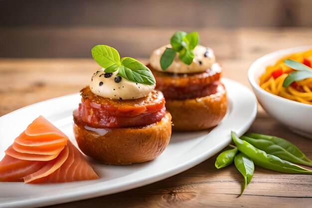 Foto un piatto di cibo con sopra salmone e salmone