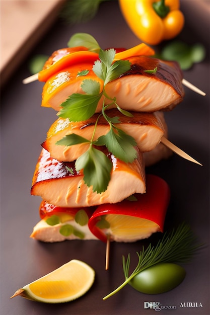 Foto un piatto di cibo con sopra uno spiedino di salmone