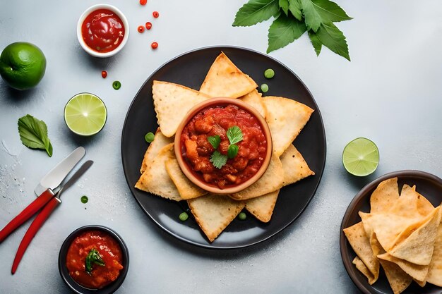 A plate of food with salsa and chips