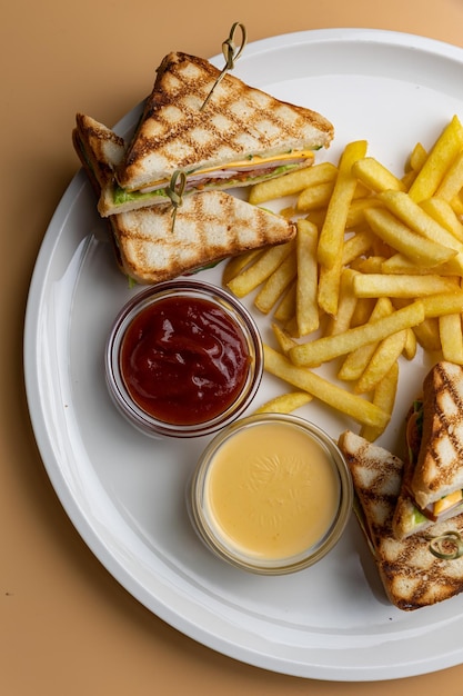 A plate of food with a sandwich and french fries.