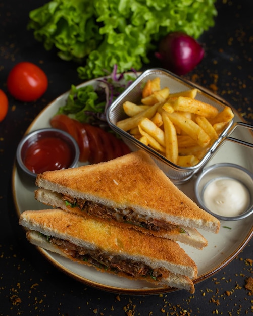 A plate of food with a sandwich and fries on it