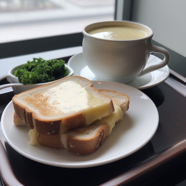 A plate of food with a sandwich on it and a cup of broccoli on the side.