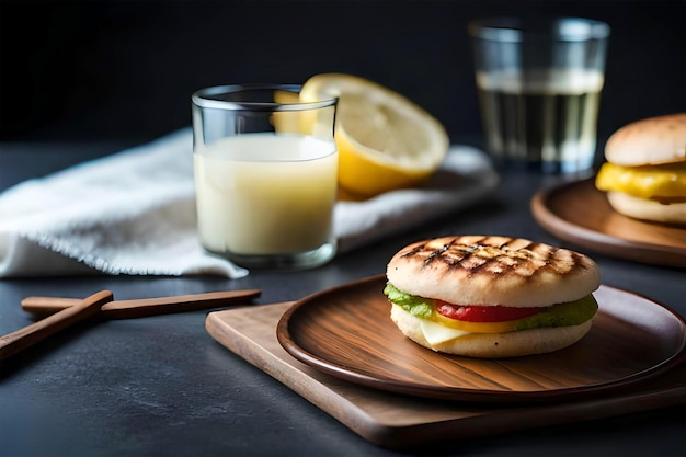 A plate of food with a sandwich on it and a glass of milk on the side.