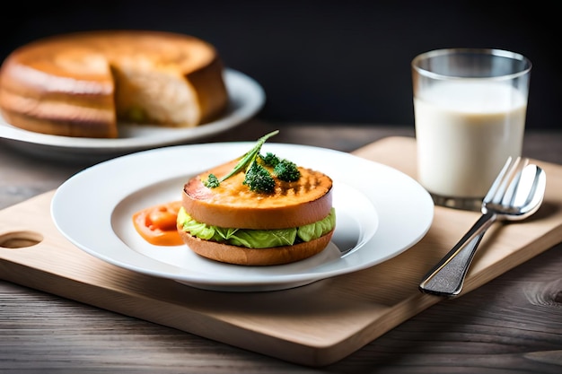 A plate of food with a sandwich on it and a glass of milk on the table.