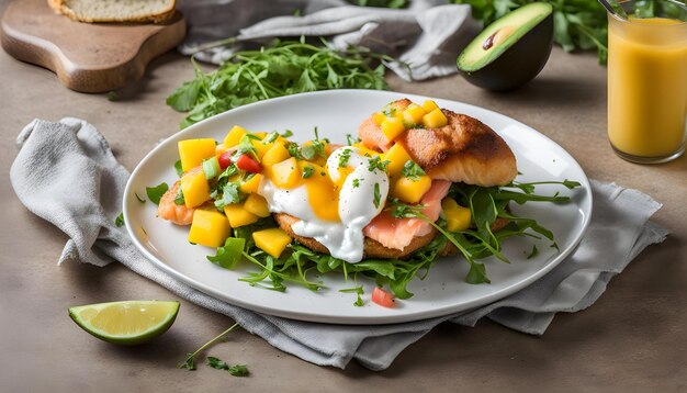 Photo a plate of food with a sandwich and a slice of lemon on it