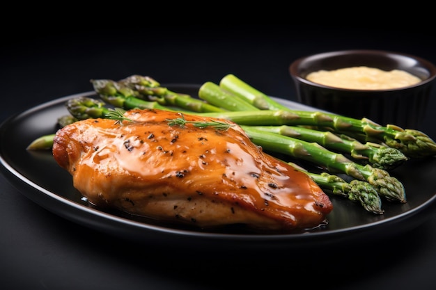 A plate of food with sauce and asparagus