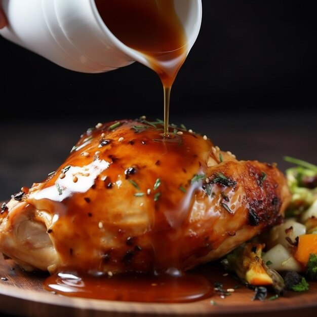 A plate of food with a sauce being poured over it.