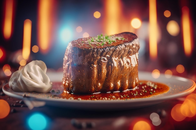 A plate of food with a sauce on it and a bottle of sauce on the top.