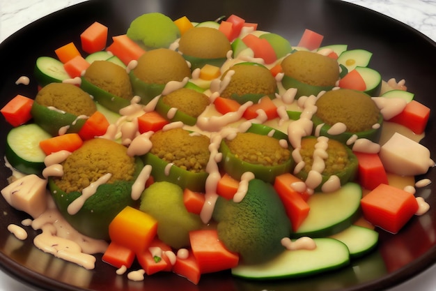 A plate of food with a sauce on it and a bowl of vegetables.