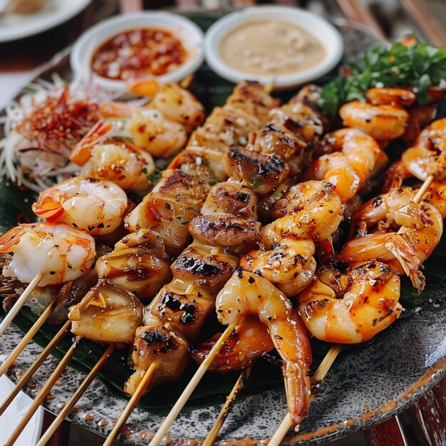 a plate of food with shrimp and kebab on it