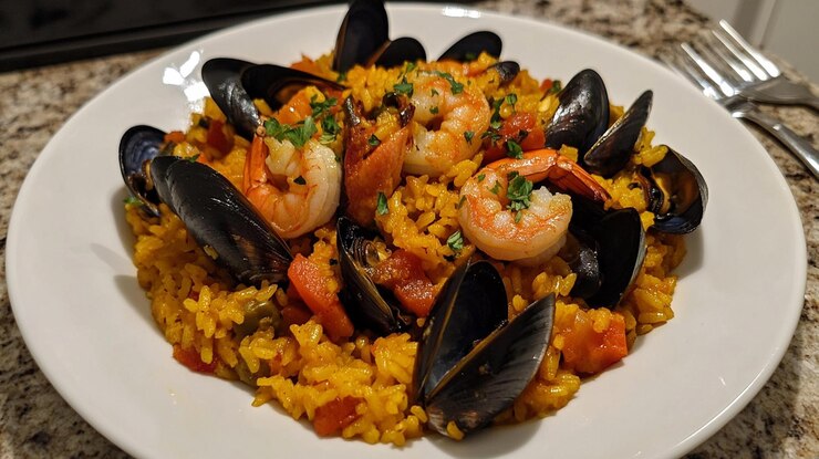 A plate of food with shrimp and mussels on top of rice