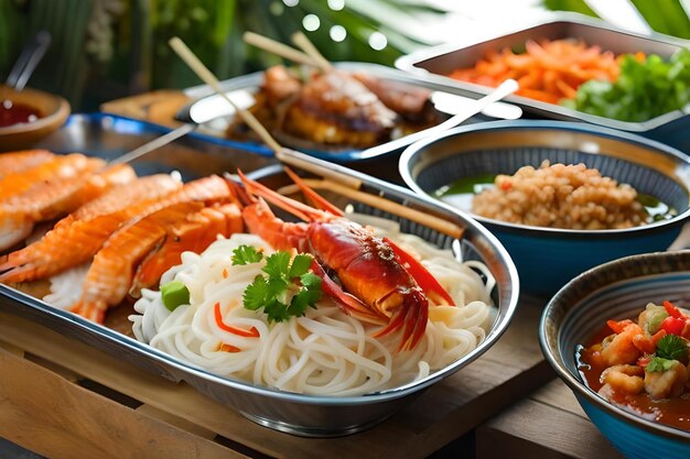 A plate of food with shrimp and noodles