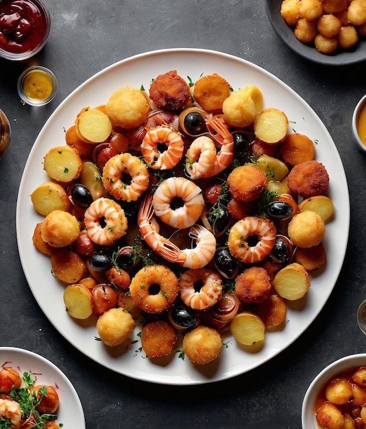 Photo a plate of food with shrimp and other food on it