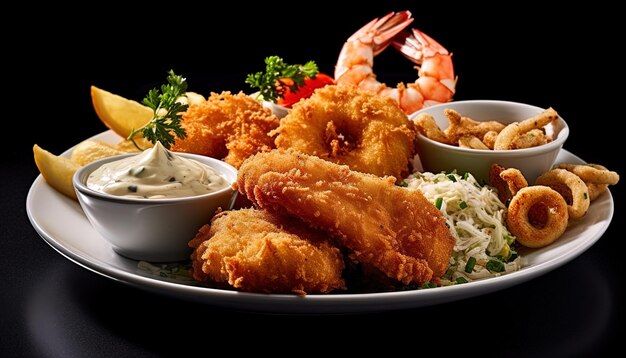 Photo a plate of food with shrimp rice and fried shrimp