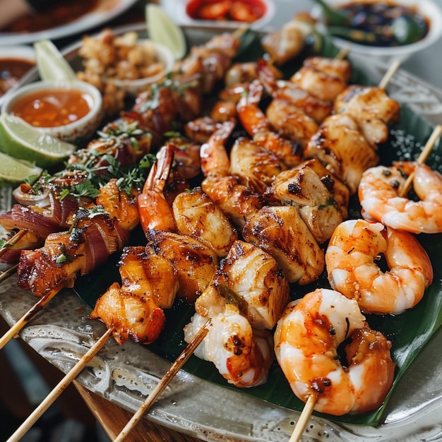 a plate of food with shrimp and sushi on it