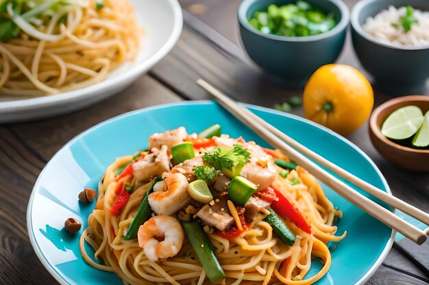 A plate of food with shrimps and vegetables on it