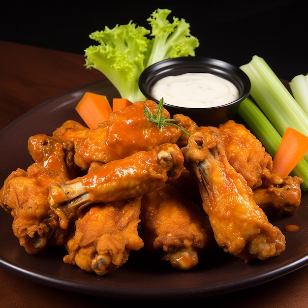 A plate of food with a side of celery and carrot sticks.