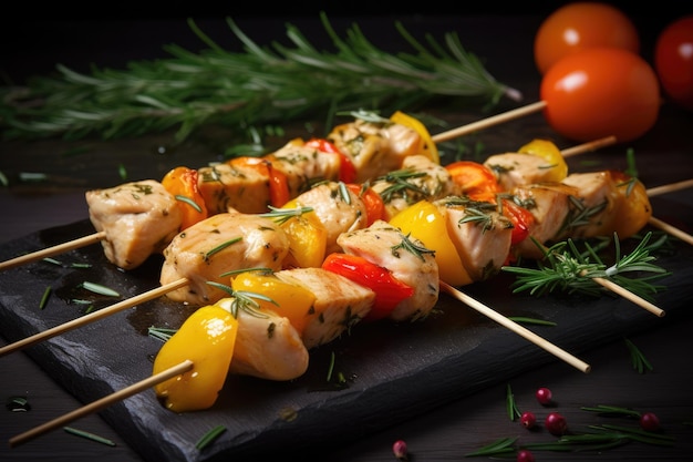 A plate of food with a skewer of chicken skewers and vegetables.