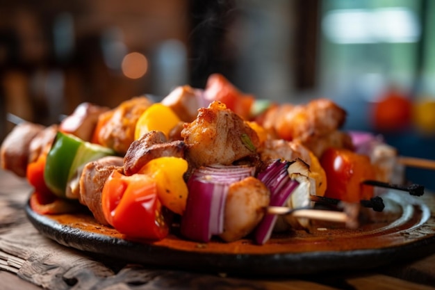 A plate of food with a skewer of meat on it