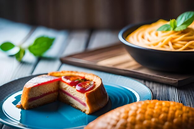 A plate of food with a slice of cake and a bowl of macaroni and cheese