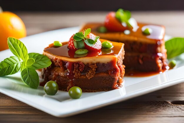 a plate of food with a slice of cake on it