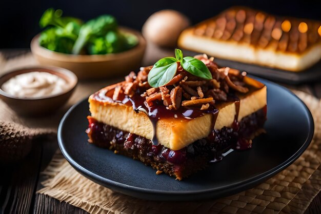 a plate of food with a slice of cake on it