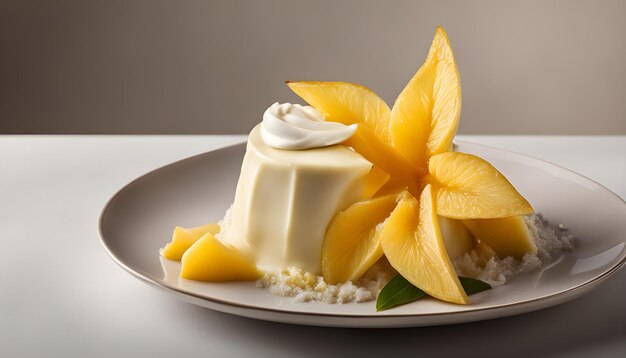 Photo a plate of food with a slice of coconut and coconut on it