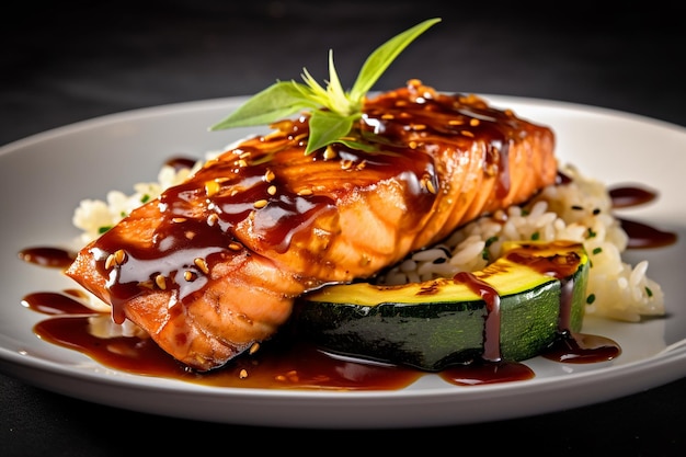 a plate of food with a slice of cucumber on top of it.