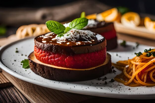 A plate of food with a slice of fruit on it