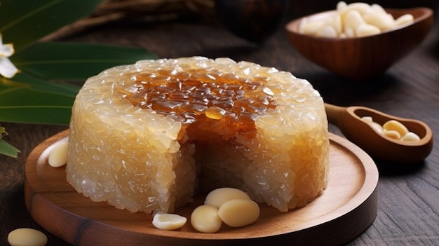 A plate of food with a slice of honey cake