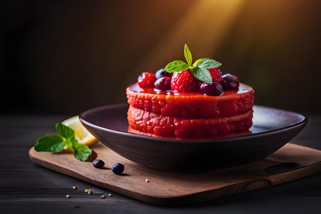 A plate of food with a slice of strawberry on it