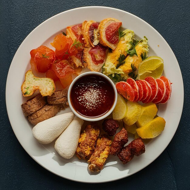 a plate of food with a small bowl of fruit on it