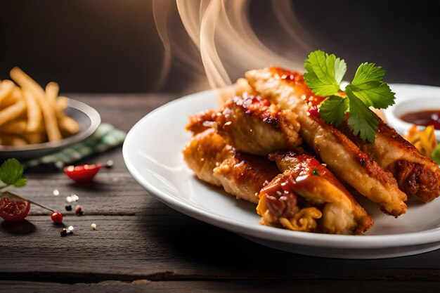 A plate of food with a smoker and a bowl of chili pepper on the side.