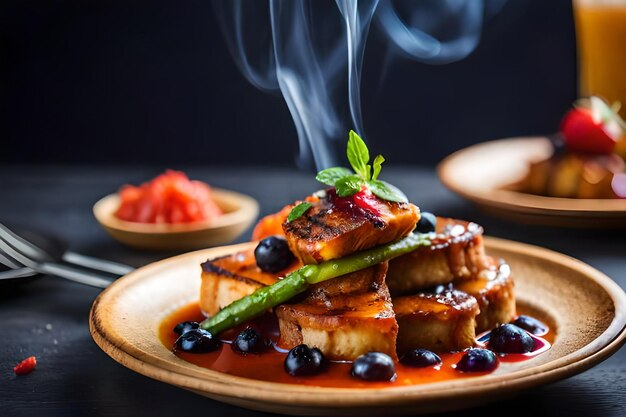 a plate of food with a smoker and a plate of food on it.