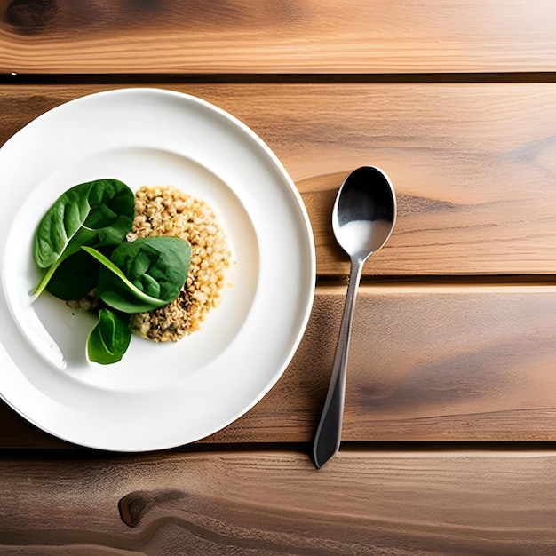 A plate of food with spinach and spinach on it and a spoon on a wooden table.