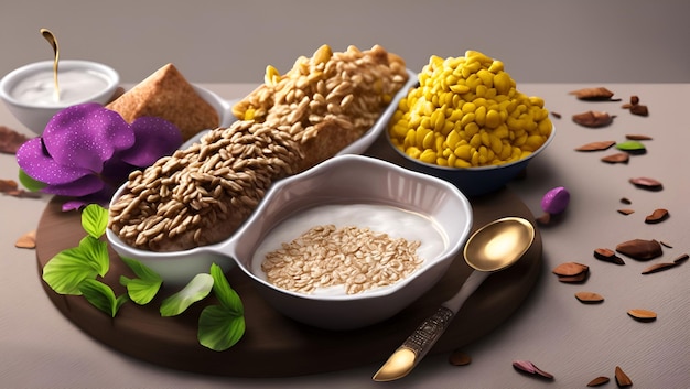 A plate of food with a spoon and a bowl of cereals and a spoon with a spoon next to it.