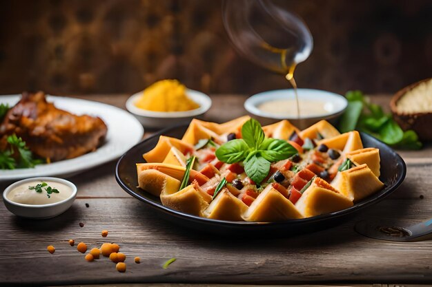 a plate of food with a spoonful of food on it