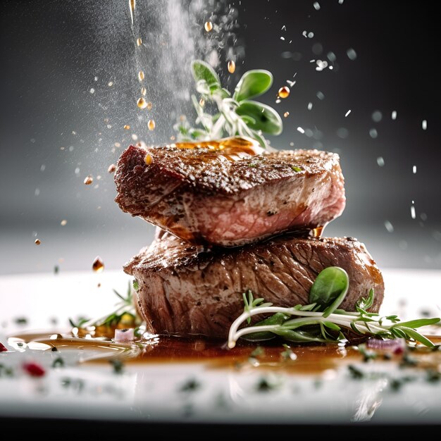 A plate of food with a sprig of green sprig of herbs on top of it.