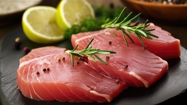 A plate of food with a sprig of rosemary on it