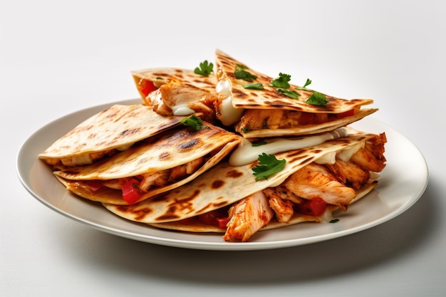 Photo a plate of food with a stack of grilled chicken quesadillas.