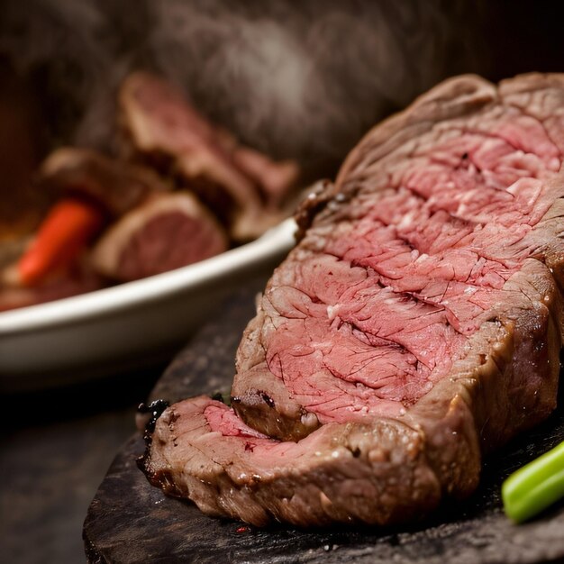 A plate of food with a steak on it and a green pepper on the side.