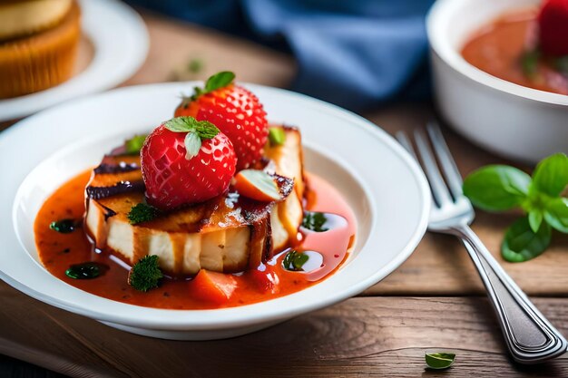 A plate of food with strawberries and a bowl of soup