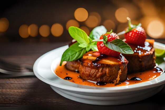 a plate of food with strawberries and chocolate on it