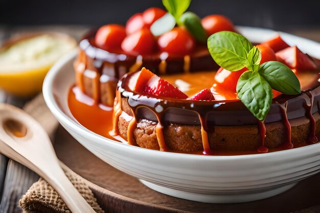 A plate of food with strawberries and chocolate on it