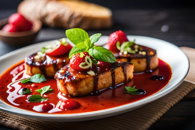 a plate of food with strawberries and chocolate sauce