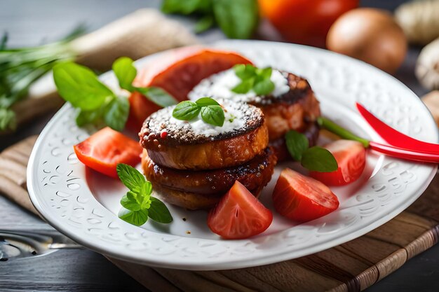 a plate of food with strawberries and cream on it