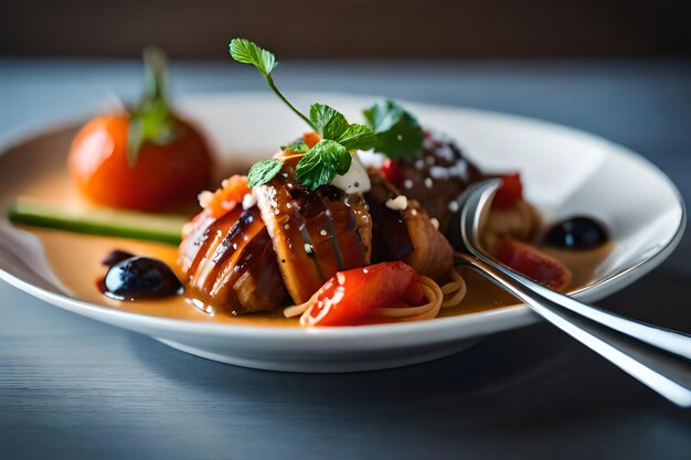 A plate of food with strawberries and a fork on it