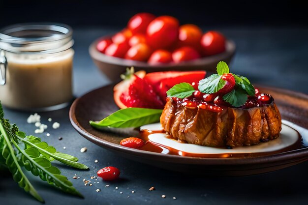 a plate of food with strawberries and a glass of milk.